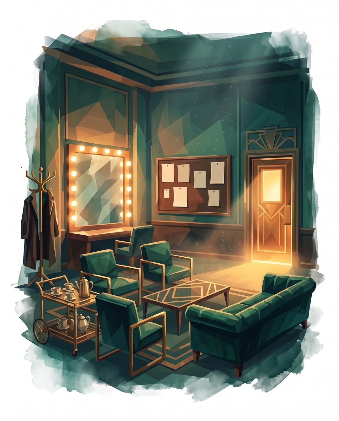the green room: a bulb-lit mirror, a tea cart, green velvet chairs, a callboard of call sheets, and the stage door standing open in warm light